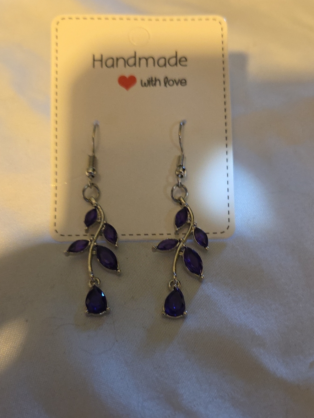Handmade Silver-Tone Leaf Drop Earrings with Purple Stones